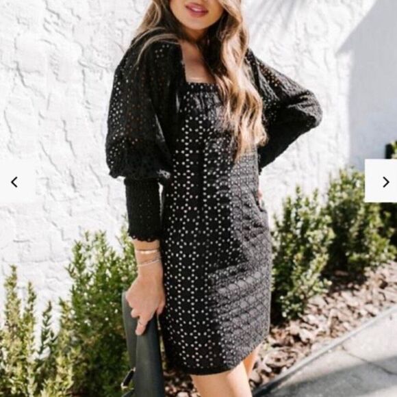 English Factory Black & Pink Eyelet Puff Sleeve Mini Dress NWT Size Extra Small - Picture 1 of 9
